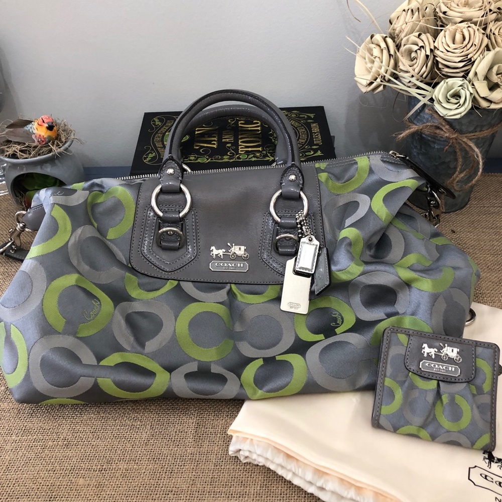 Gray and green Coach purse and wallet